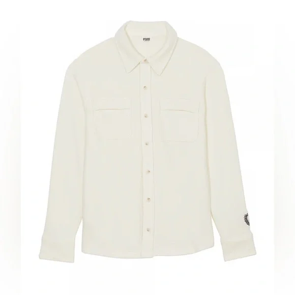 PINK by VS Reversed Fleece Buttoned Shacket in Color Cream Size Large 🆕 - Picture 3 of 6